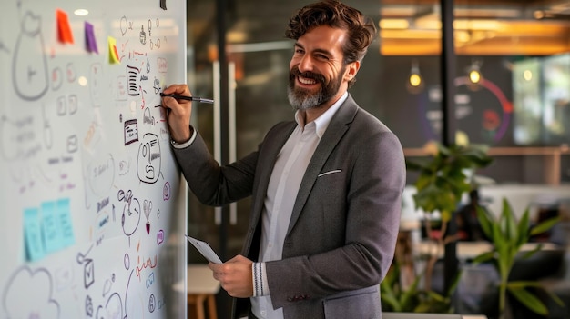 Photo homme d'affaires écrivant sur un tableau blanc lors d'une présentation d'affaires au bureau