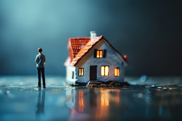 Homme d'affaires élaborant une stratégie avec un modèle de maison miniature pour la planification immobilière