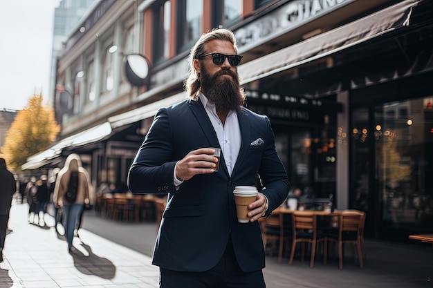 Un homme d'affaires avec une énorme barbe, un costume bleu à la mode et une tasse de café dans la rue.