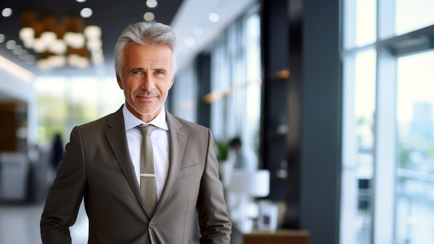 un homme d'affaires entre 50 et 60 ans respire la confiance et le style. Vêtu d'un costume élégant méticuleusement ajusté associé à une cravate luxueuse, il se tient avec une présence imposante dans un bureau flou.