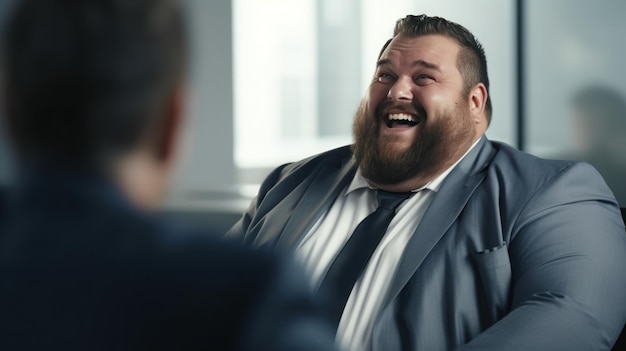 L'homme d'affaires est grosse et aime parler avec ses amis dans le bureau blanc.