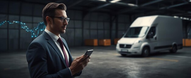 Photo un homme d'affaires européen fait la démonstration d'une technologie intégrée de transport mettant l'accent sur l'intégration sans faille en lo