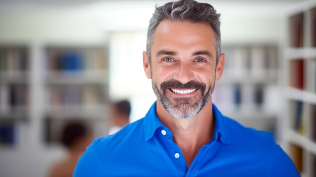 Homme d'affaires européen en vêtements décontractés dans un beau fond de bureau moderne Homme regarde la caméra souriant Concept de succès dans les affaires Ai génératif