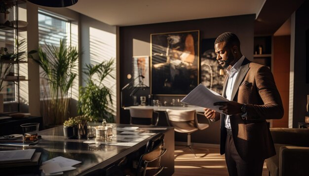 Un homme d'affaires examine des documents dans un bureau moderne.