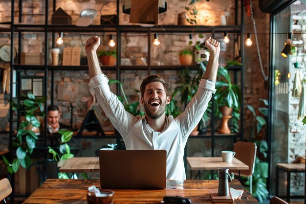 Photo un homme d'affaires excité célèbre son succès dans un café généré par l'intelligence artificielle