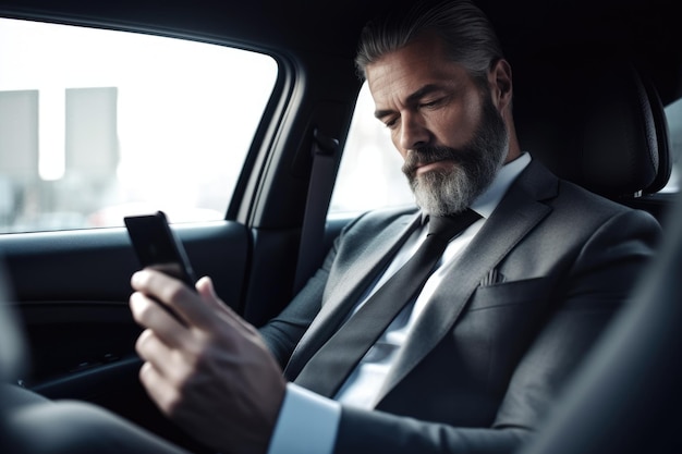 Photo homme d'affaires exécutif assis dans une voiture avec un téléphone portable generative ai aig20