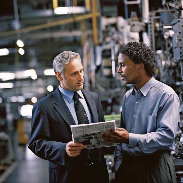 Photo un homme d'affaires explique à un collègue de l'usine