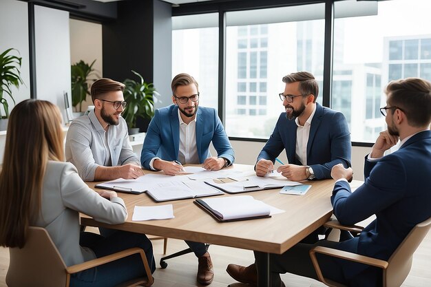 Un homme d'affaires explique sa stratégie commerciale à ses collègues lors d'une réunion dans un bureau de coworking