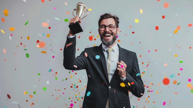 Un homme d'affaires en extase tenant un trophée avec des confettis colorés.