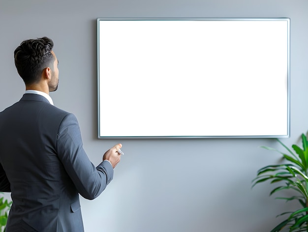 Homme d'affaires faisant une présentation d'affaires pour l'équipe sur un écran de projection vide dans le bureau de l'entreprise Se