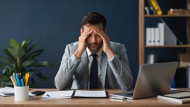 Un homme d'affaires fatigué et surchargé de travail assis à son bureau.