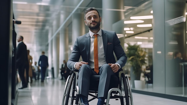 Homme d'affaires en fauteuil roulant dans un bureau moderneCréé avec la technologie Generative AI