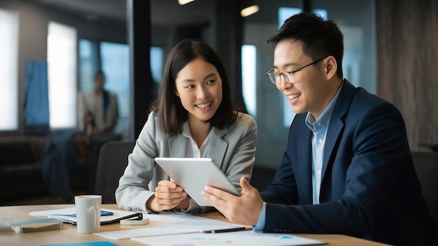 Un homme d'affaires et une femme d'affaires asiatiques heureux discutent d'un nouveau projet d'affaires sur une tablette dans une salle de réunion moderne.