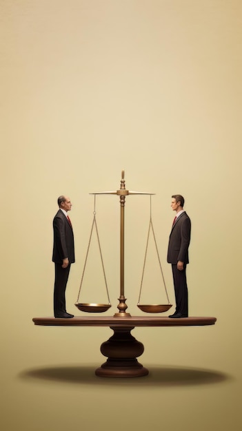 Homme d'affaires et femme d'affaires debout sur la balance Concept de la loi et de la justice