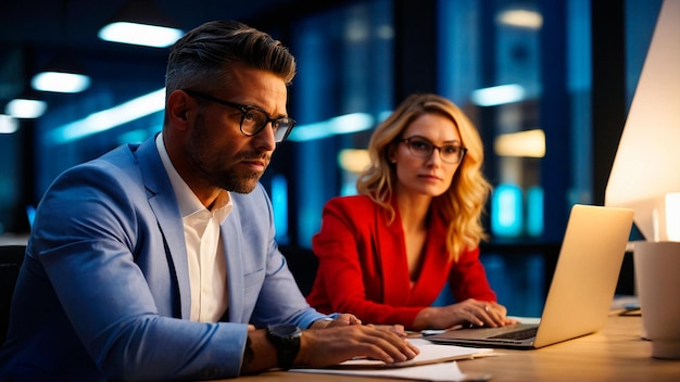 Un homme d'affaires et une femme d'affaires parlent de planification.