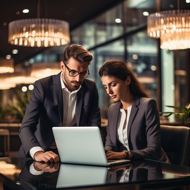 homme d'affaires et femme d'affaires travaillant sur un ordinateur portable analysent dans un projet femme d'entreprise travaillant sur l'IA génère