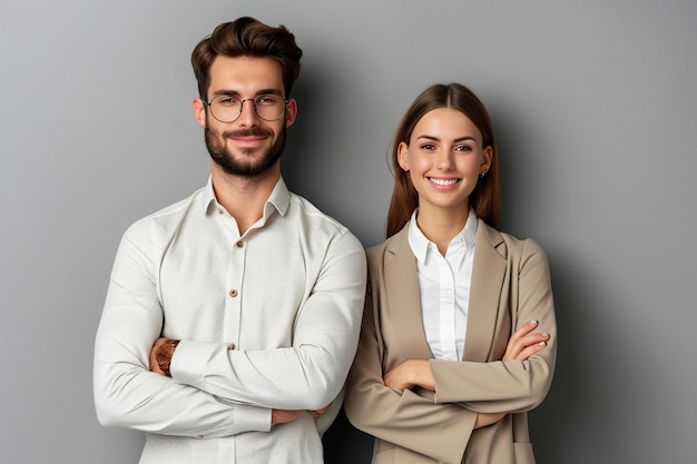 Homme d'affaires et femme posant devant un fond gris