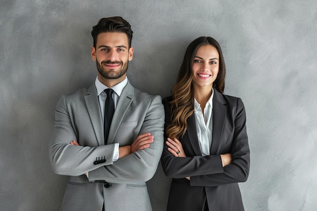 Homme d'affaires et femme posant devant un fond gris