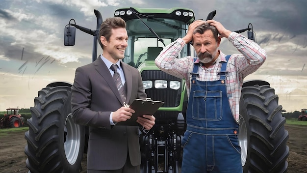 Homme d'affaires et fermier avec des tracteurs