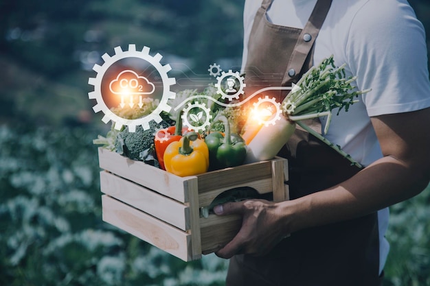 Un homme d'affaires futuriste cultive des légumes et des cultures à l'aide de la technologie moderne de l'IA à l'aide de capteurs de température et d'humidité des téléphones mobiles suivi de l'eau contrôle du climat icônes de données de données holographiques