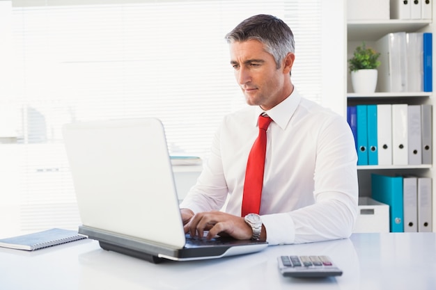 Homme d&#39;affaires gai, tapant sur ordinateur portable