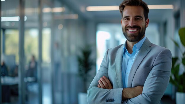 Un homme d'affaires heureux au bureau souriant avec les bras croisés.