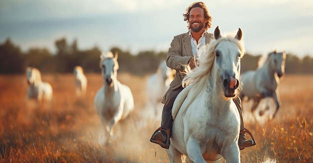 Un homme d'affaires heureux chevauche un cheval blanc dans un champ dans un troupeau de chevaux en été.