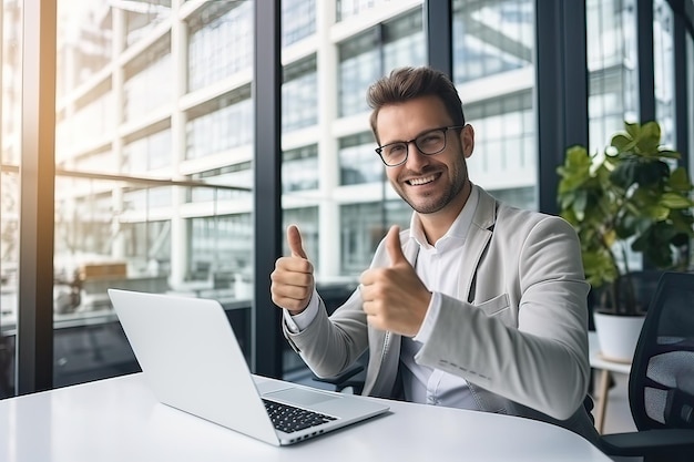 homme d'affaires heureux dans des lunettes montrant les pouces vers le haut tout en travaillant avec un ordinateur portable au bureau