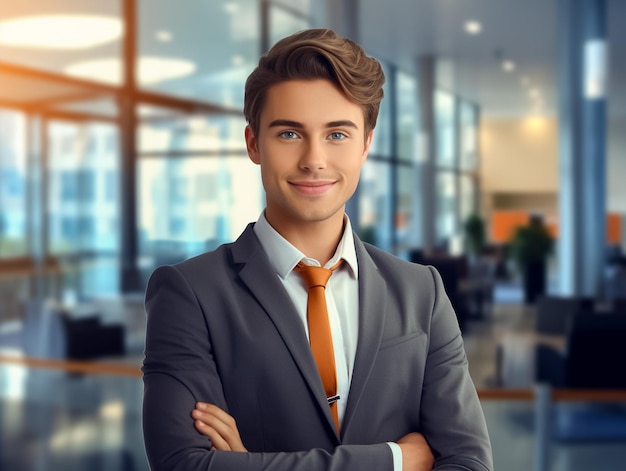 Un homme d'affaires heureux debout dans son bureau avec un costume souriant un directeur exécutif professionnel généré par l'IA