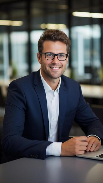 un homme d'affaires heureux portant des lunettes assis à un bureau travaillant dans un bureau