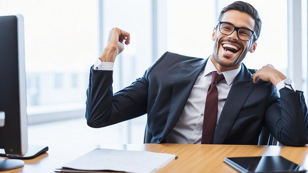 Photo un homme d'affaires heureux et prospère dans un bureau.