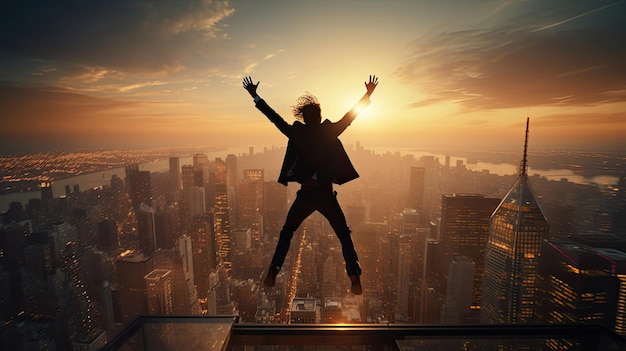 un homme d'affaires heureux sautant haut au-dessus d'un gratte-ciel avec l'arrière-plan de la ville au lever du soleil