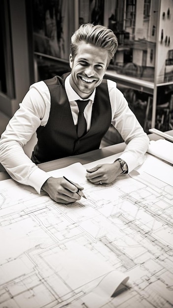 Photo un homme d'affaires heureux travaillant avec des plans à son bureau.