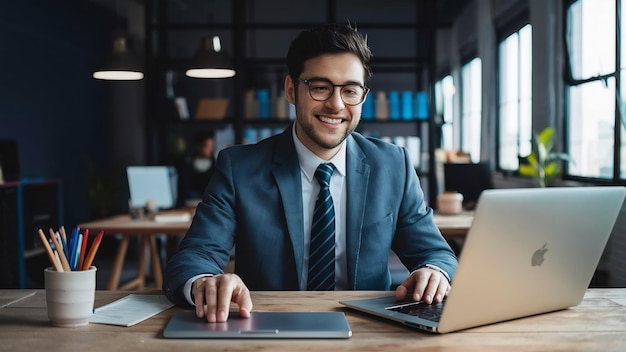 Un homme d'affaires heureux utilisant un touchpad et un ordinateur portable tout en travaillant sur des rapports d'affaires au bureau