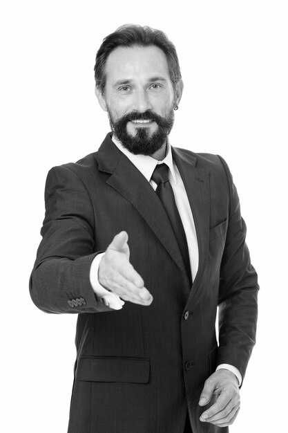 Homme d'affaires heureux de vous rencontrer Homme d'affaires barbu bel entrepreneur Concept d'homme d'affaires prospère Conseils de service client améliorer les affaires Homme d'affaires costume formel homme mûr isolé blanc