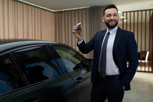 Homme d'affaires homme d'affaires dans un élégant costume d'affaires a acheté une nouvelle voiture dans un concessionnaire automobile