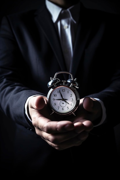 Un homme d'affaires avec une horloge à la main.