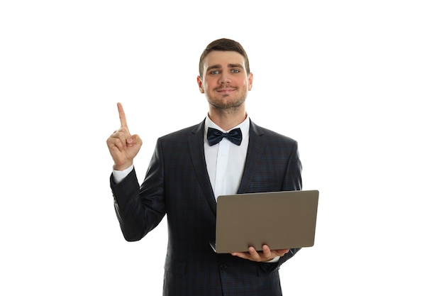 Homme d'affaires avec idée et ordinateur portable isolé sur fond blanc.