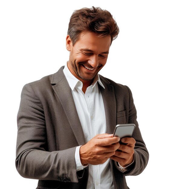 Un homme d'affaires, un idole, un homme bien habillé, regardant un téléphone portable, souriant sur un fond blanc.