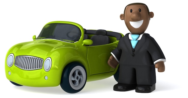 Homme d'affaires illustré drôle et une voiture de rendu 3D
