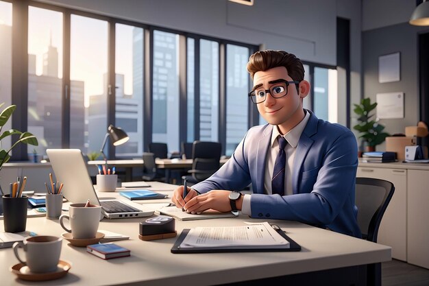 Un homme d'affaires indépendant travaille à une table dans un bureau moderne sur un concept de lieu de travail pour ordinateur portable illustration de dessin animé 3d