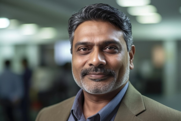 Homme d'affaires indien intelligent mature visage souriant debout dans un arrière-plan flou d'un bureau occupé Generative AI AIG20