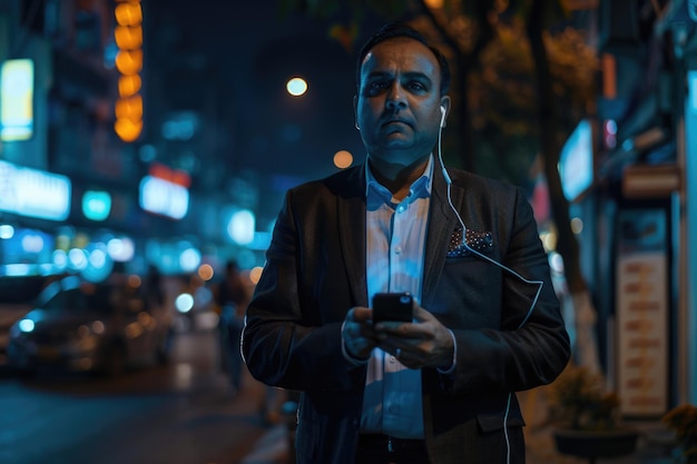 Un homme d'affaires indien prospère utilisant son smartphone à l'extérieur la nuit