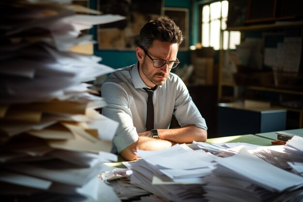 Un homme d'affaires inquiété par la paperasserie après avoir perdu son emploi au bureau.