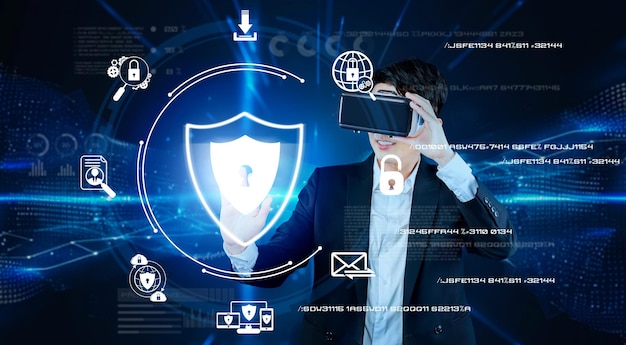 Un homme d'affaires intelligent se connecte à un réseau mondial en utilisant des lunettes VR Ingéniosité