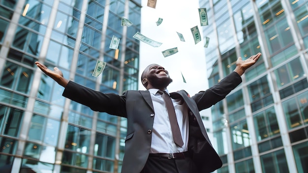 Photo un homme d'affaires joyeux célébrant son succès financier avec de l'argent qui tombe autour de lui à l'extérieur concept de richesse et de succès immeubles de bureaux arrière-plan ia
