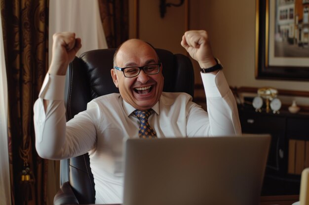 Un homme d'affaires joyeux dans la victoire alors qu'il est assis à son bureau et travaille sur un ordinateur portable.