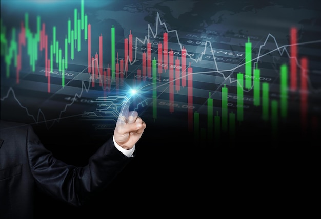 Homme d'affaires main pointant graphique entreprise marché boursier graphique trading analyse investissement financier bourse graphique graphique commerçant marché boursier analyse technologie numérique grandir gain et bénéfices