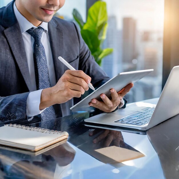 Homme d'affaires à la main avec un stylet signant sur une tablette numérique et travaillant sur un ordinateur portable au bureau