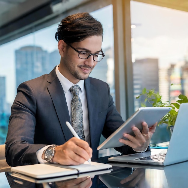 Homme d'affaires à la main avec un stylet signant sur une tablette numérique et travaillant sur un ordinateur portable